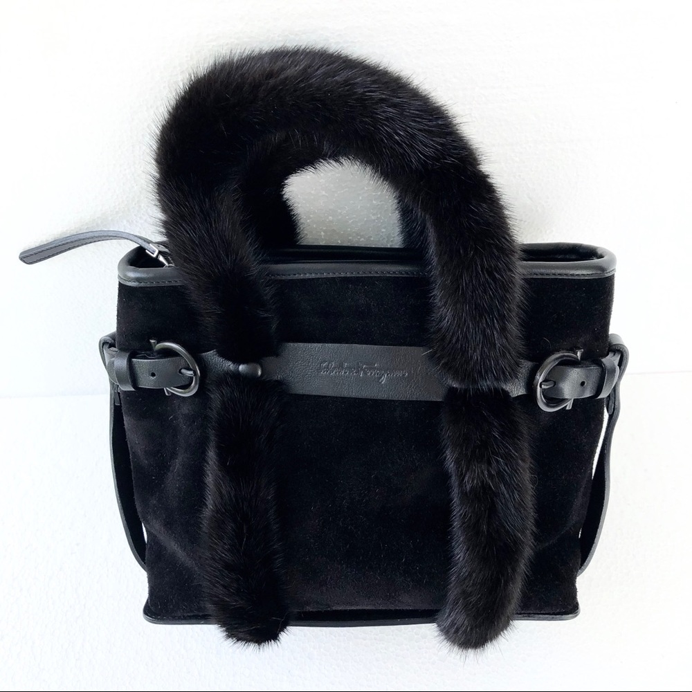 Salvatore Ferragamo Mink-Trimmed Suede Bag
